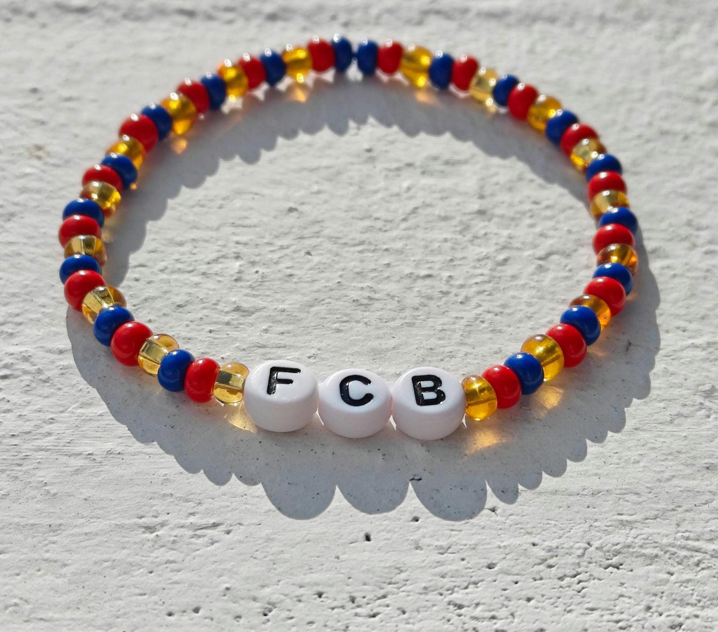 FCB Bracelet – Handmade Beaded Barçelona Soccer Fan Jewelry | Red, Blue & Gold Team Colors | Elastic Stretch Bracelet | Football Club Gift