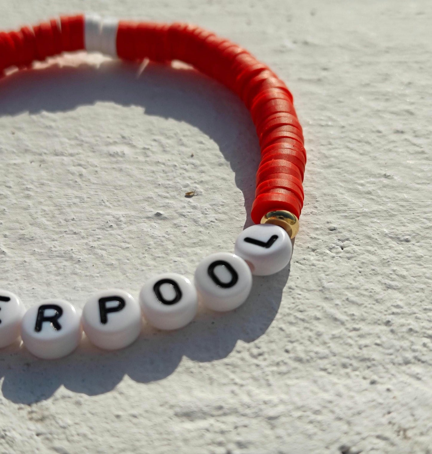 Liverpool football team clay bead bracelet in red and white with gold plated beads