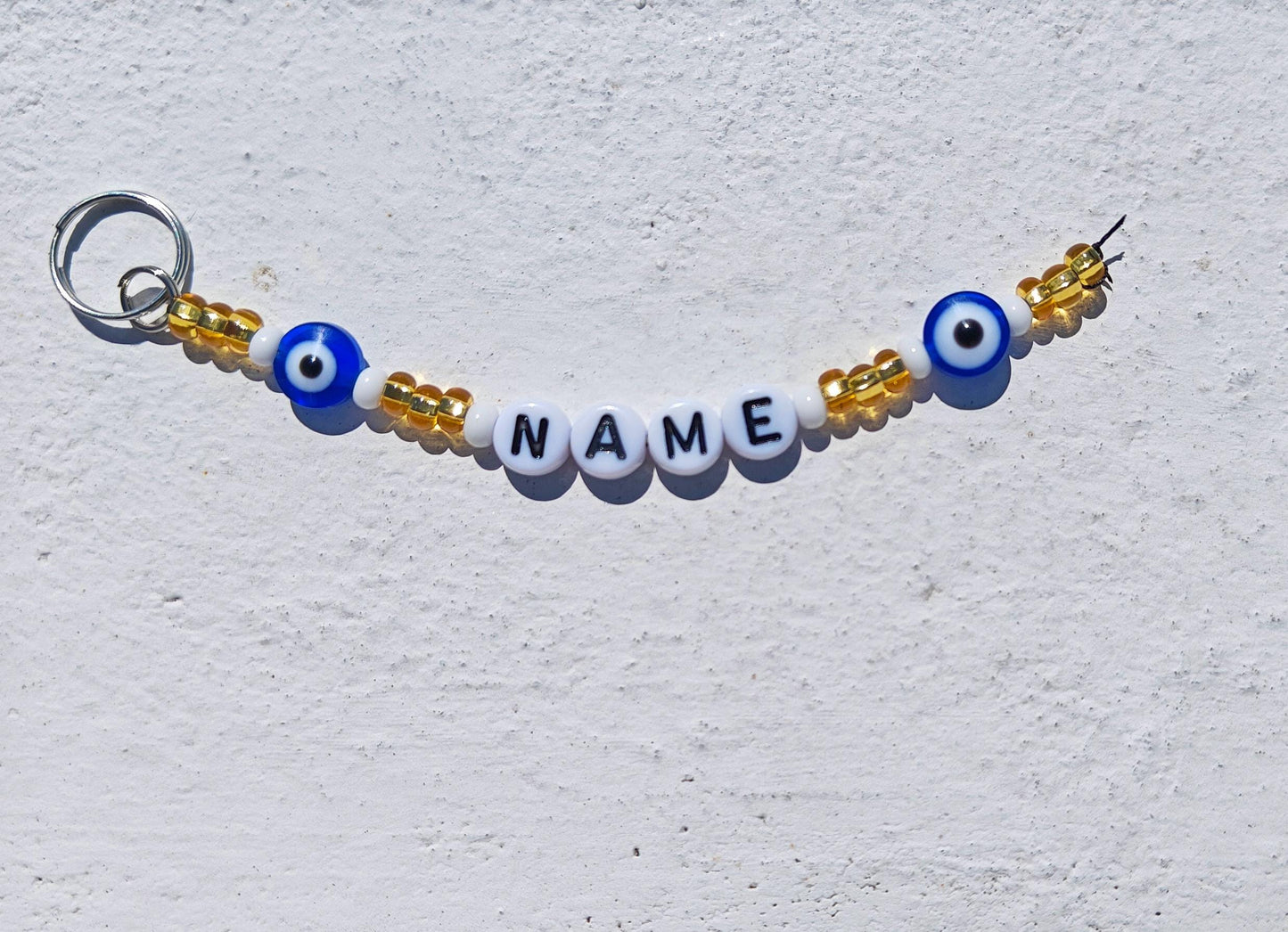 Custom Gift Evil Eye Keychain in Gold and White Seed Beads with Name Personalisation
