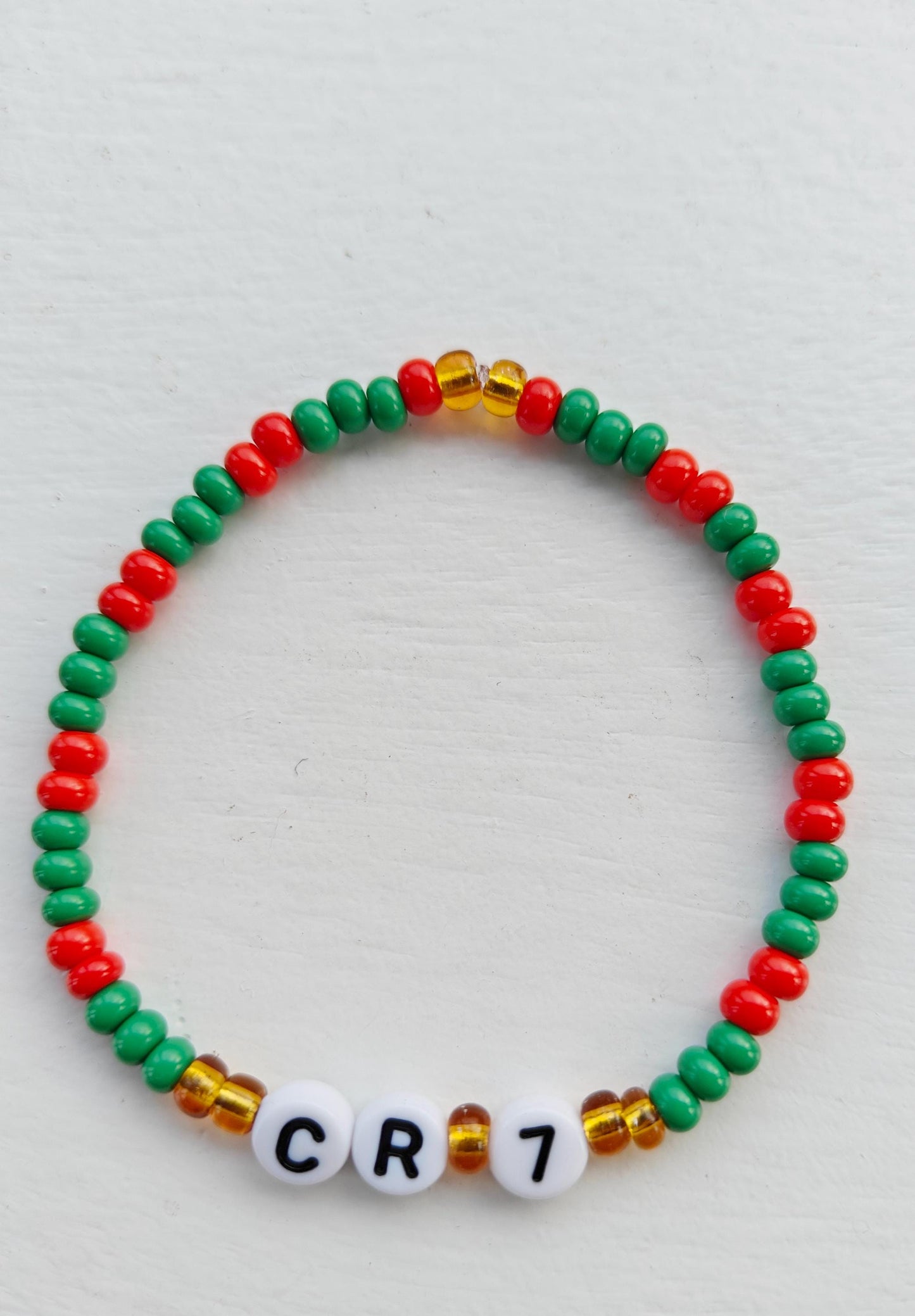 Cristiano Ronaldo Portugal CR 7 bead bracelet on elastic string in red, green and gold
