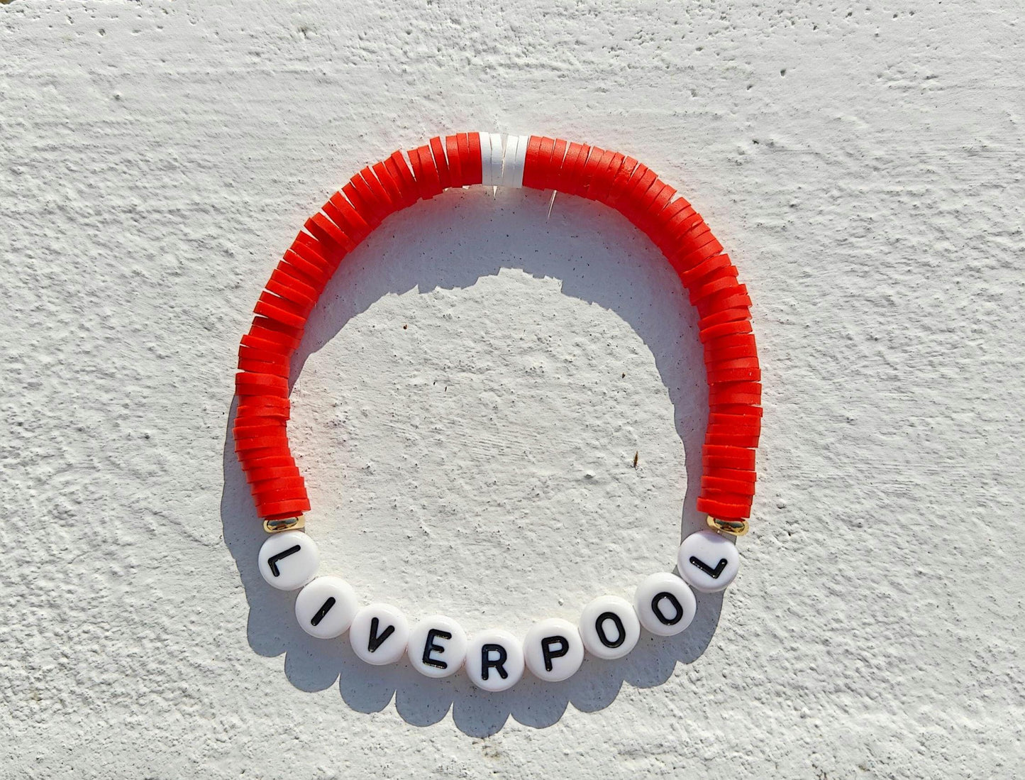 Liverpool football team clay bead bracelet in red and white with gold plated beads
