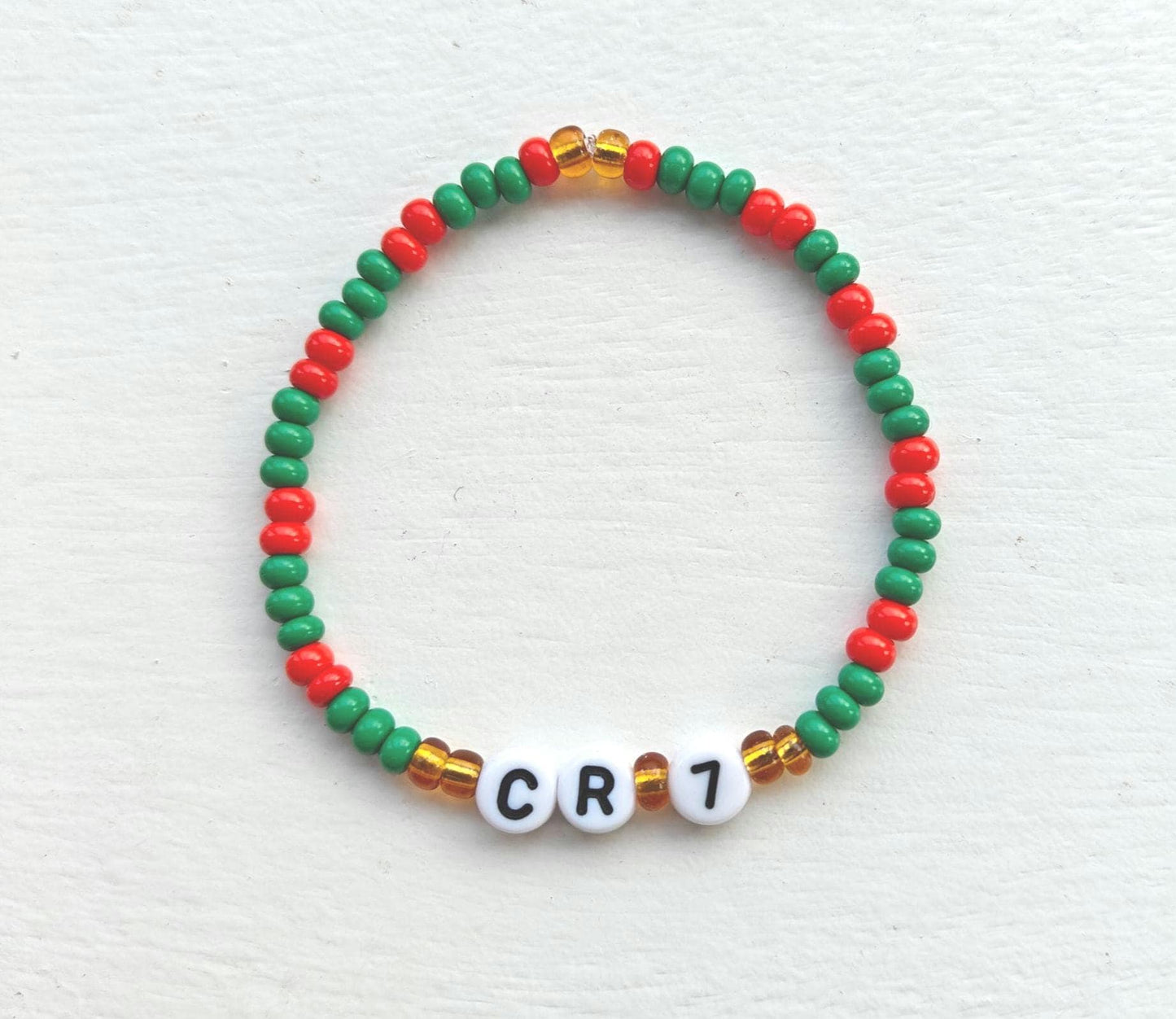 Cristiano Ronaldo Portugal CR 7 bead bracelet on elastic string in red, green and gold