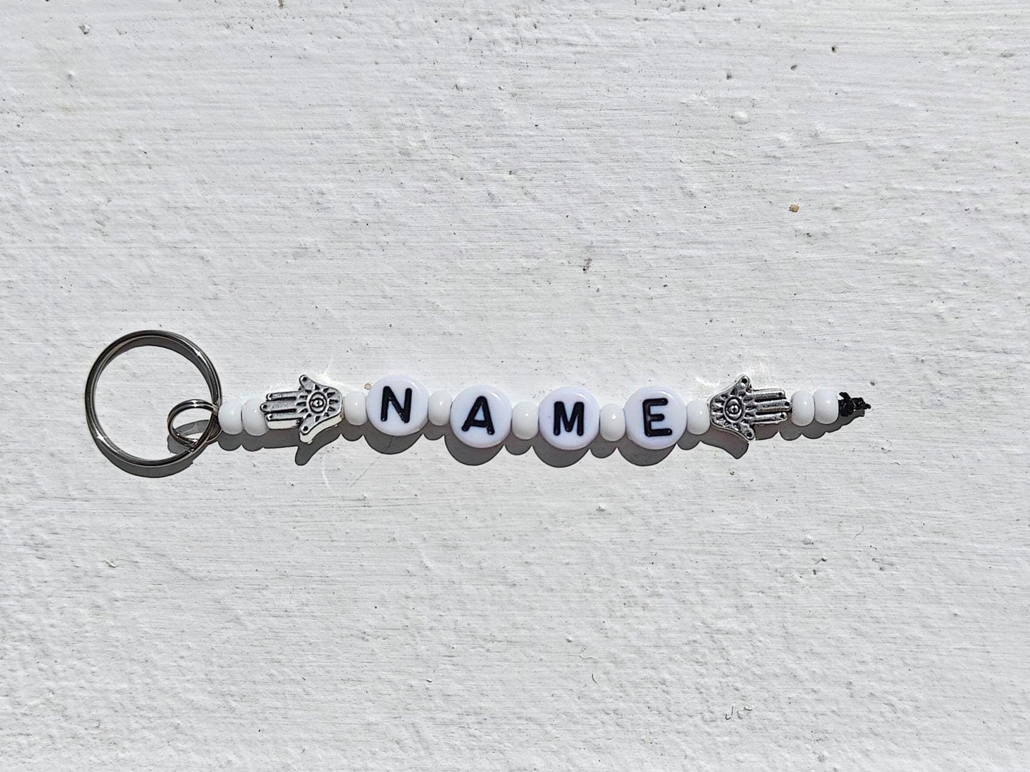 Custom Beaded Name Keychain | Personalized Keyring with boho Hamsa Hand Charm | Handmade Gift for Kids & Adults