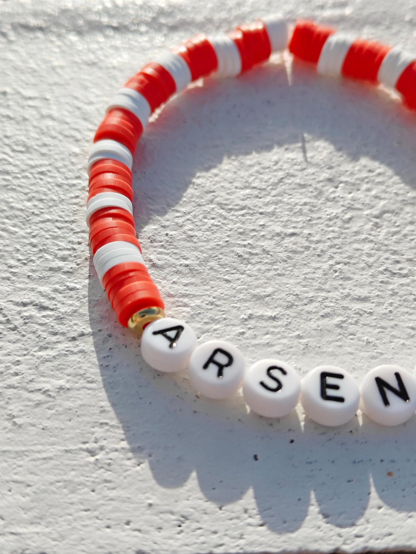 Arsenal clay bead Bracelet in red and white with gold plated beads