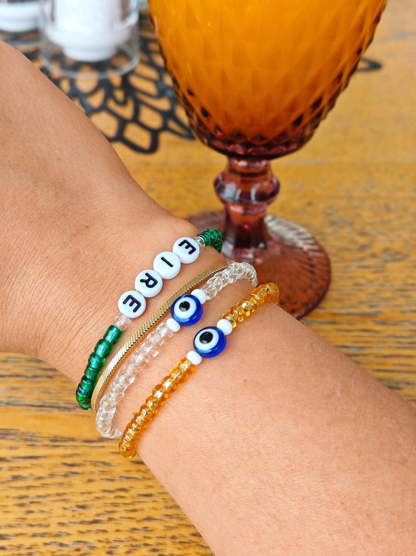 Seed Bead Evil Eye Bracelet – Gold Glass Beads with Blue Centre Charm | Evil Eye Protection | Boho Bracelet