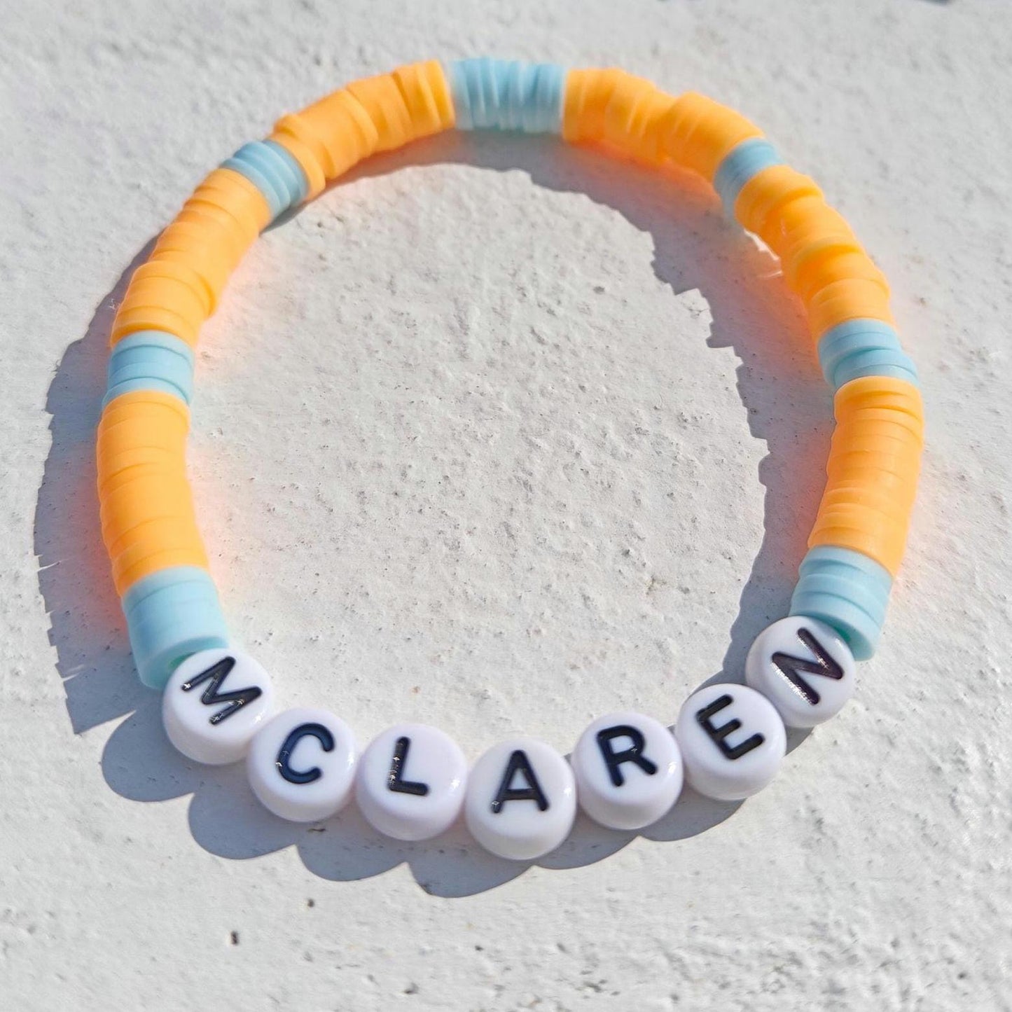 McLaren Beaded Bracelet – Orange & Blue Stretch F1 Fan Jewelry with Heishi Beads– Handmade Racing Gift for Formula 1 Supporters