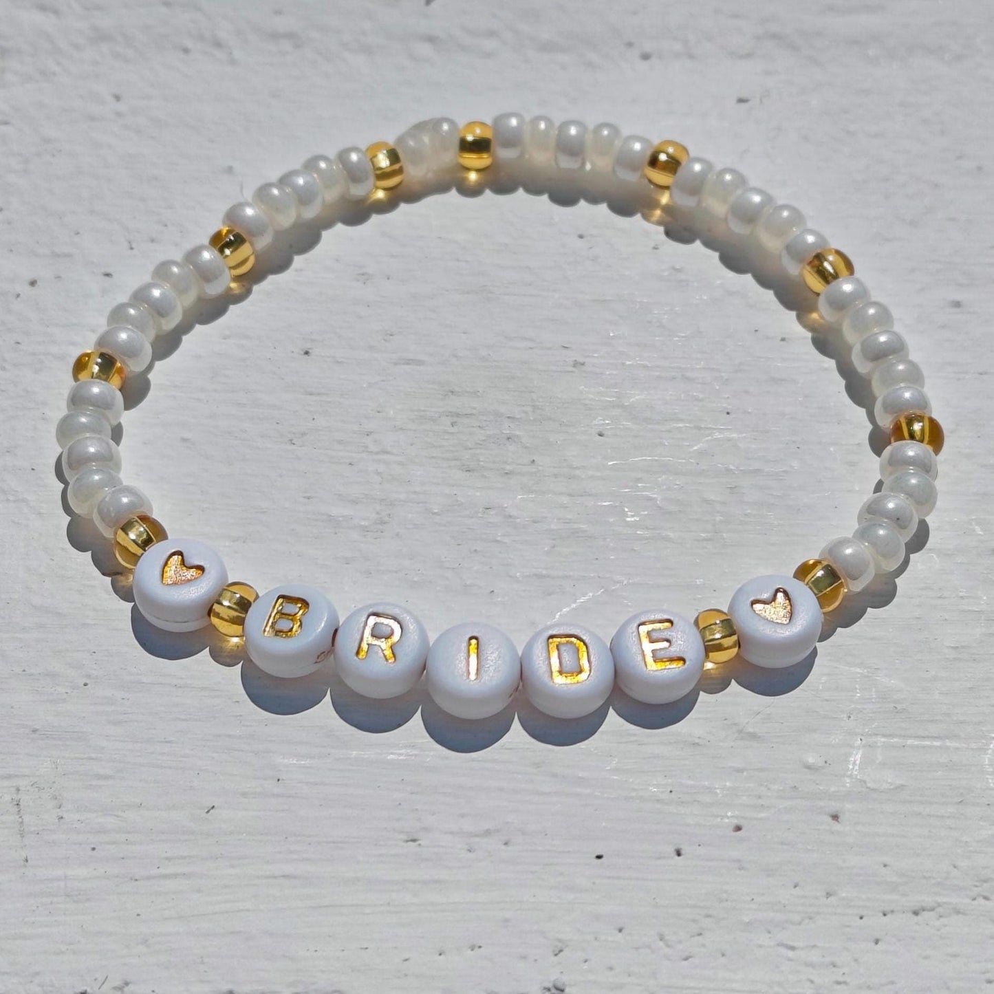 Bride Beaded Bracelet gold and pearl color beads – Bridal Shower Gift, Bachelorette Jewelry, Wedding Party Favor