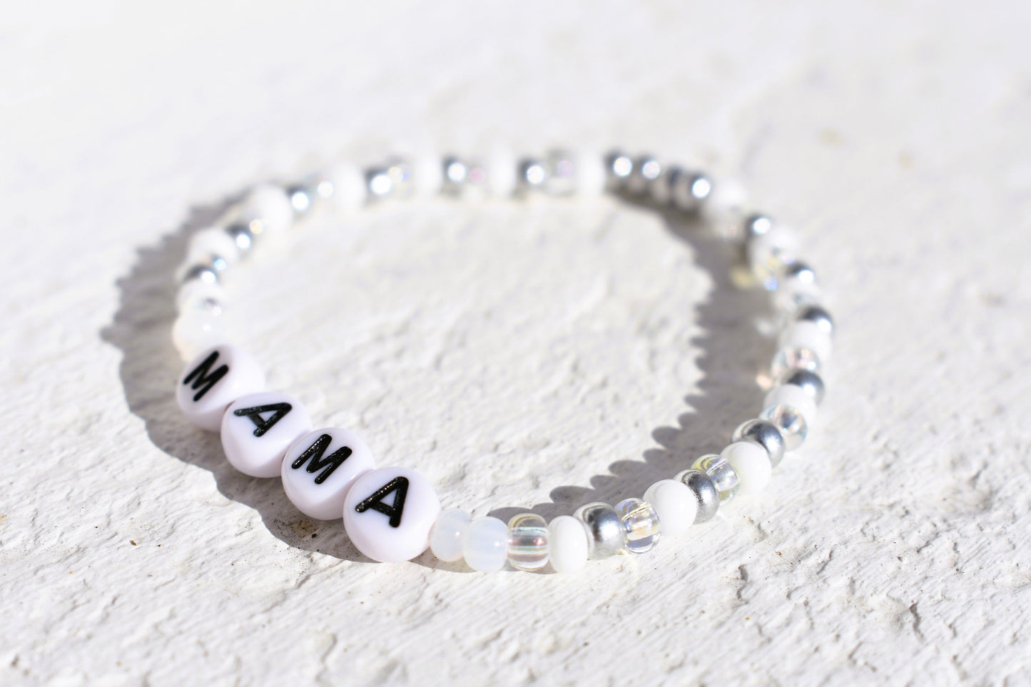 Mama bead bracelet in silver and white