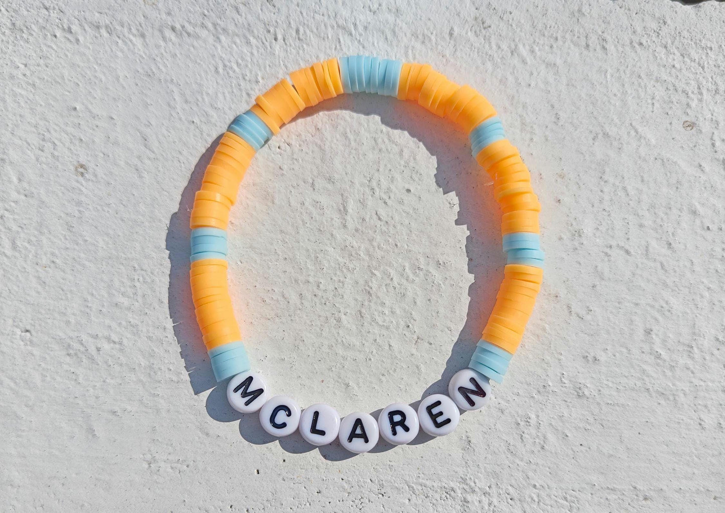 McLaren Beaded Bracelet – Orange & Blue Stretch F1 Fan Jewelry with Heishi Beads– Handmade Racing Gift for Formula 1 Supporters