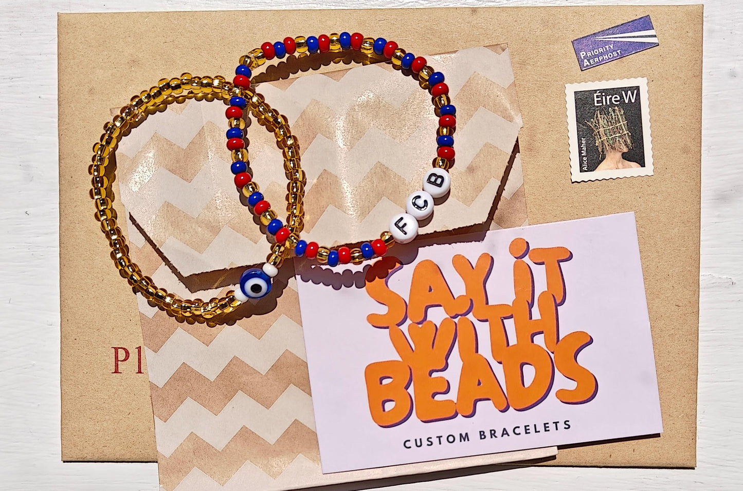 Seed Bead Evil Eye Bracelet – Gold Glass Beads with Blue Centre Charm | Evil Eye Protection | Boho Bracelet