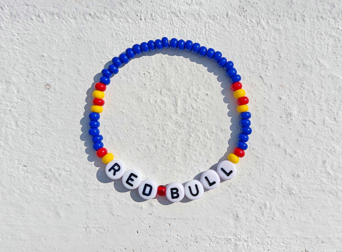 Red Bull Racing Beaded Bracelet – Red, Yellow & Blue Stretch F1 Fan Jewelry – Handmade Racing Gift for Motorsport Lovers