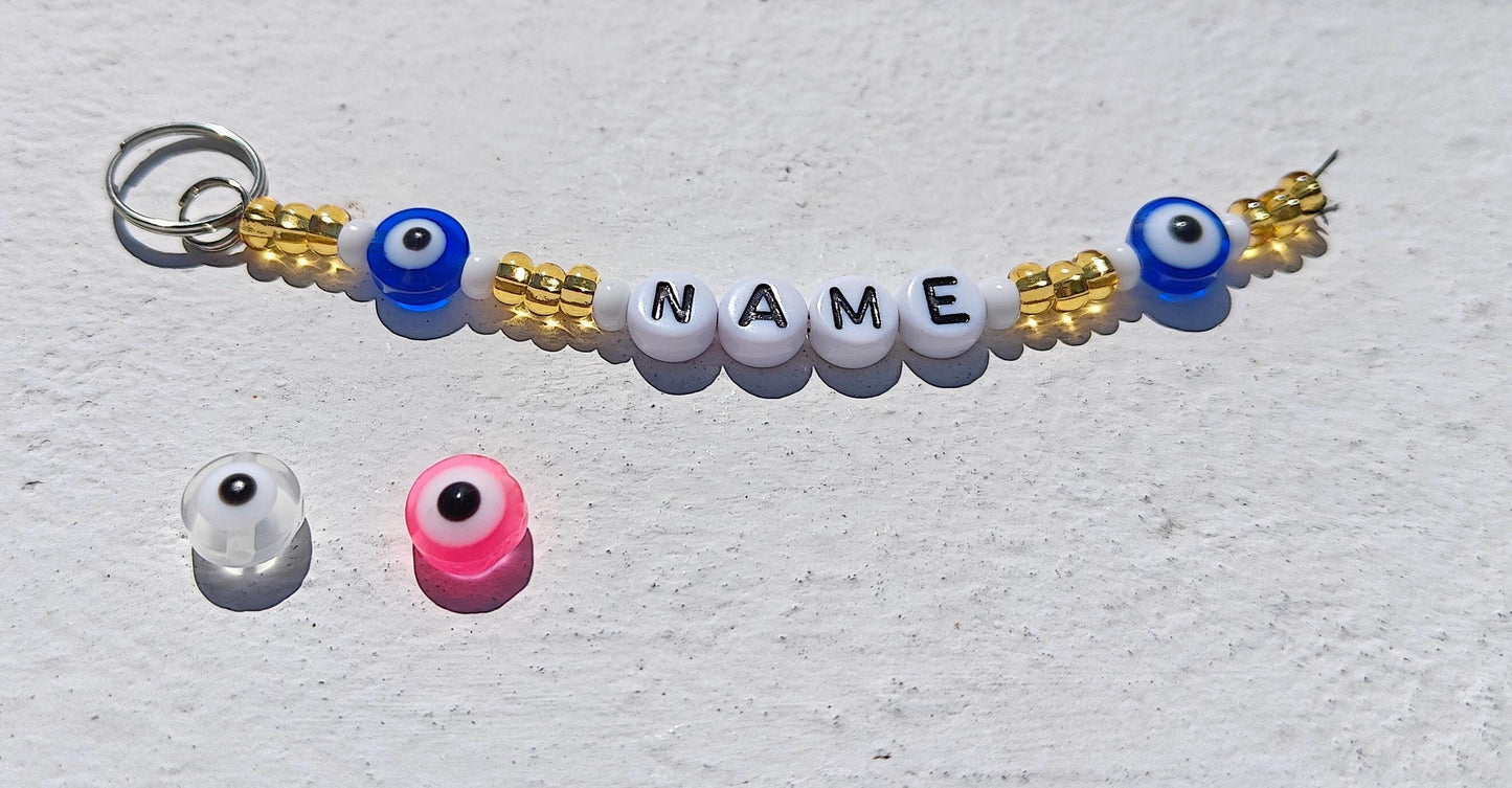 Custom Gift Evil Eye Keychain in Gold and White Seed Beads with Name Personalisation
