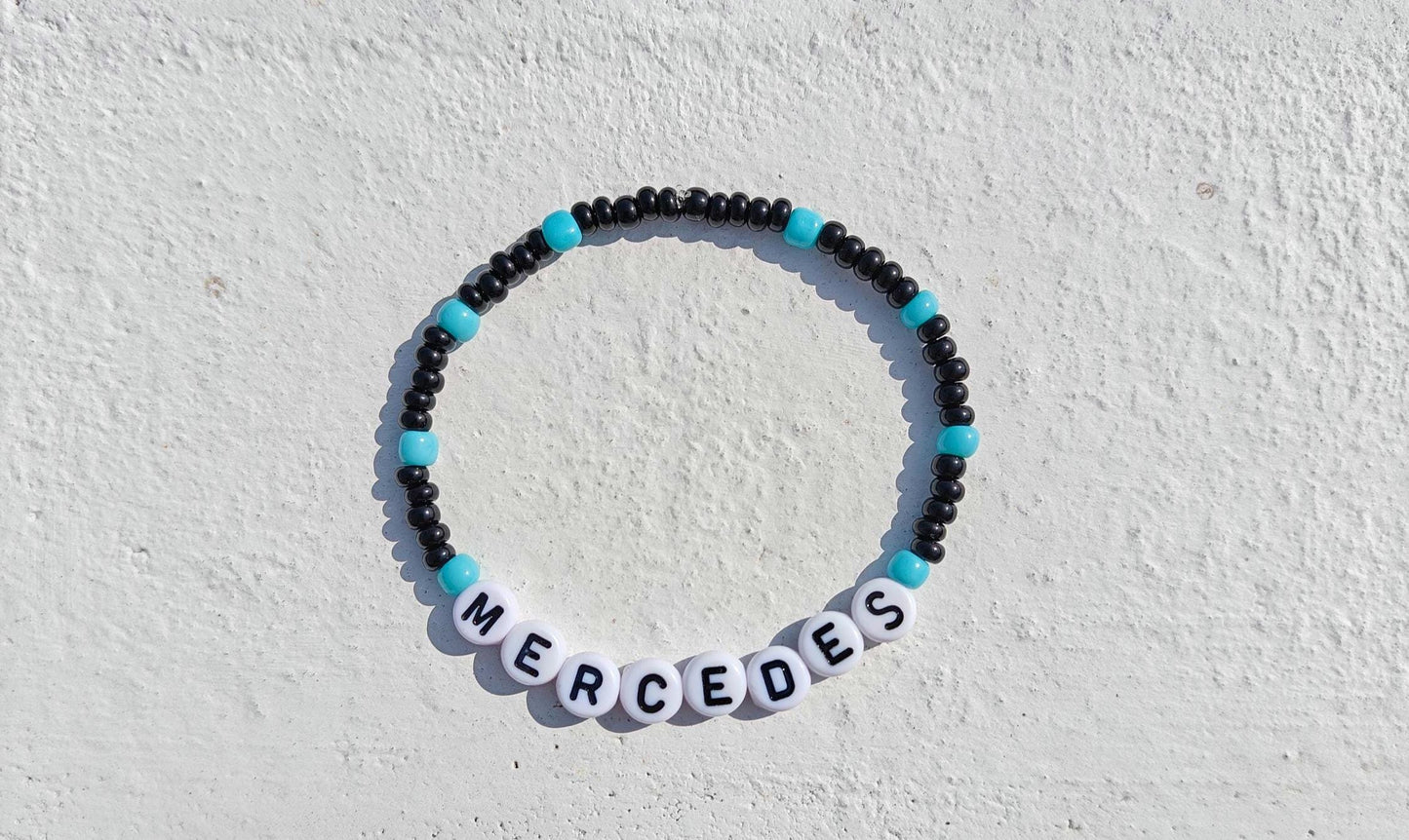 Mercedes F1 Beaded Bracelet – Black & Teal Stretch Forlula 1 Fan Jewelry – Handmade Racing Gift for Motorsport Lovers