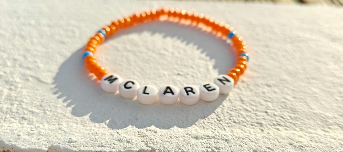 McLaren Beaded Bracelet โ Orange & Blue Stretch F1 Fan Jewelry โ Handmade Racing Gift for Motorsport Lovers