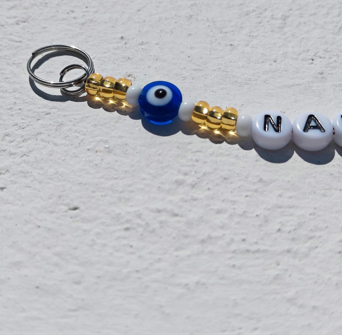 Custom Gift Evil Eye Keychain in Gold and White Seed Beads with Name Personalisation