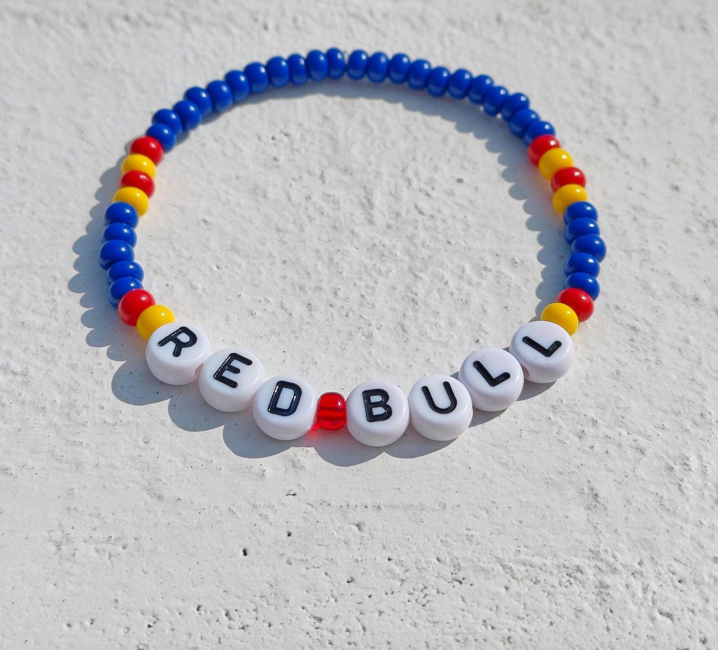 Red Bull Racing Beaded Bracelet – Red, Yellow & Blue Stretch F1 Fan Jewelry – Handmade Racing Gift for Motorsport Lovers