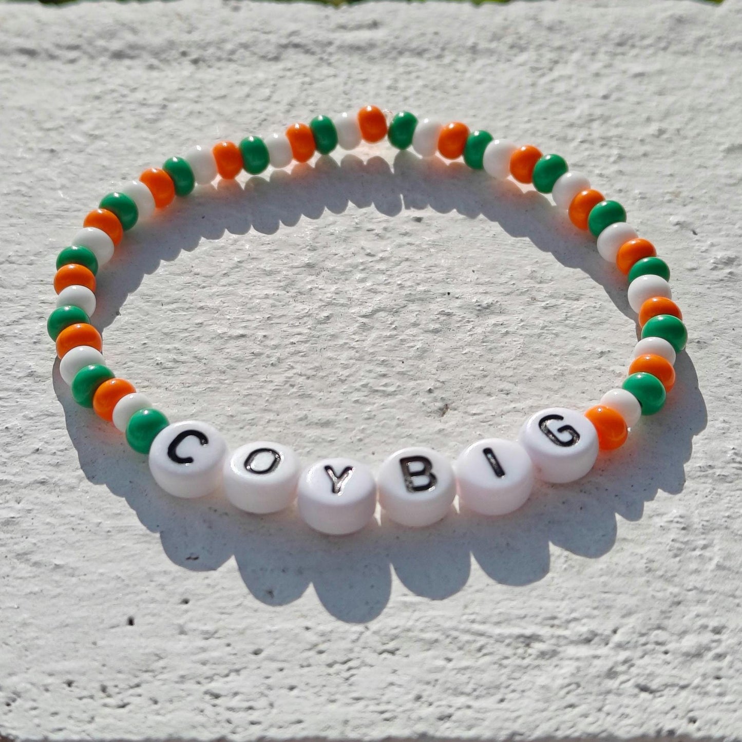 COYBIG Bracelet – Handmade Ireland Football Fan Jewelry | Green, White & Orange Beaded Stretch Bracelet | Gift for Irish Soccer Supporters