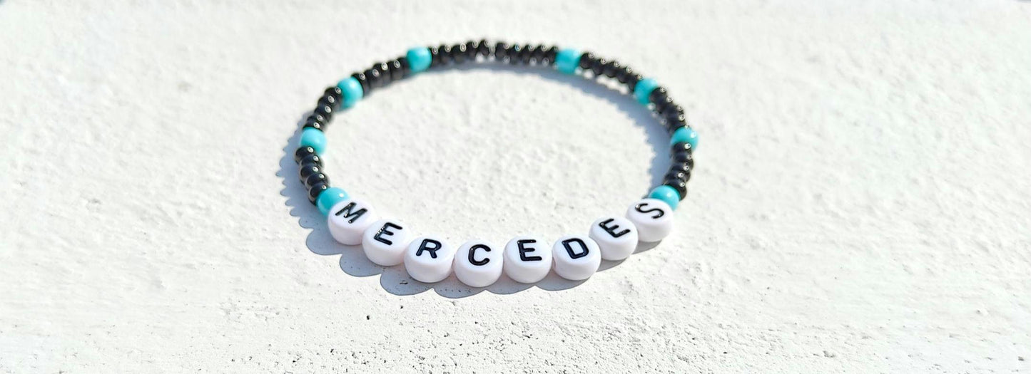 Mercedes F1 Beaded Bracelet – Black & Teal Stretch Forlula 1 Fan Jewelry – Handmade Racing Gift for Motorsport Lovers