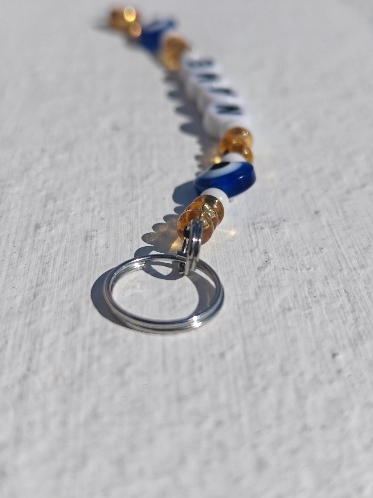 Custom Gift Evil Eye Keychain in Gold and White Seed Beads with Name Personalisation
