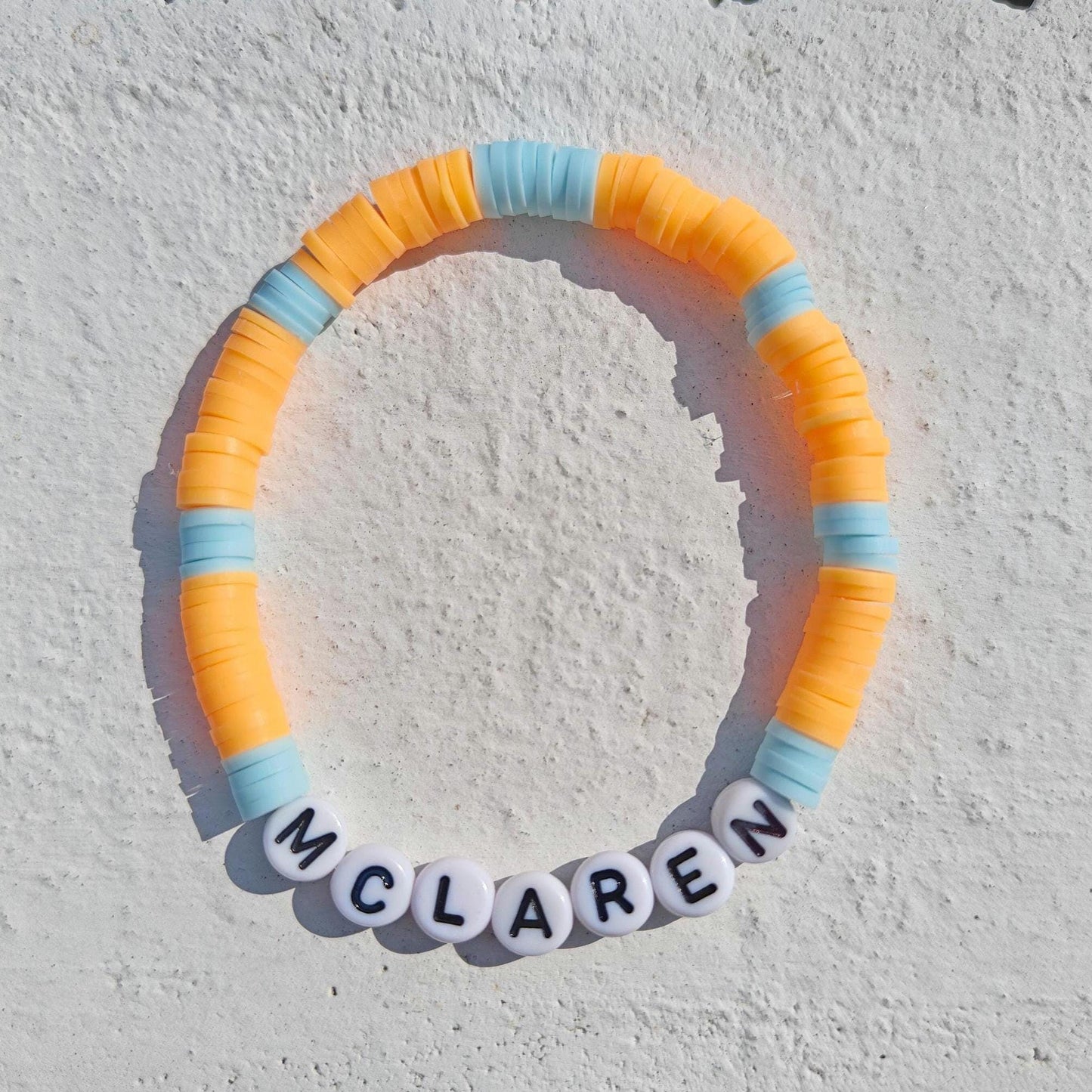 McLaren Beaded Bracelet – Orange & Blue Stretch F1 Fan Jewelry with Heishi Beads– Handmade Racing Gift for Formula 1 Supporters