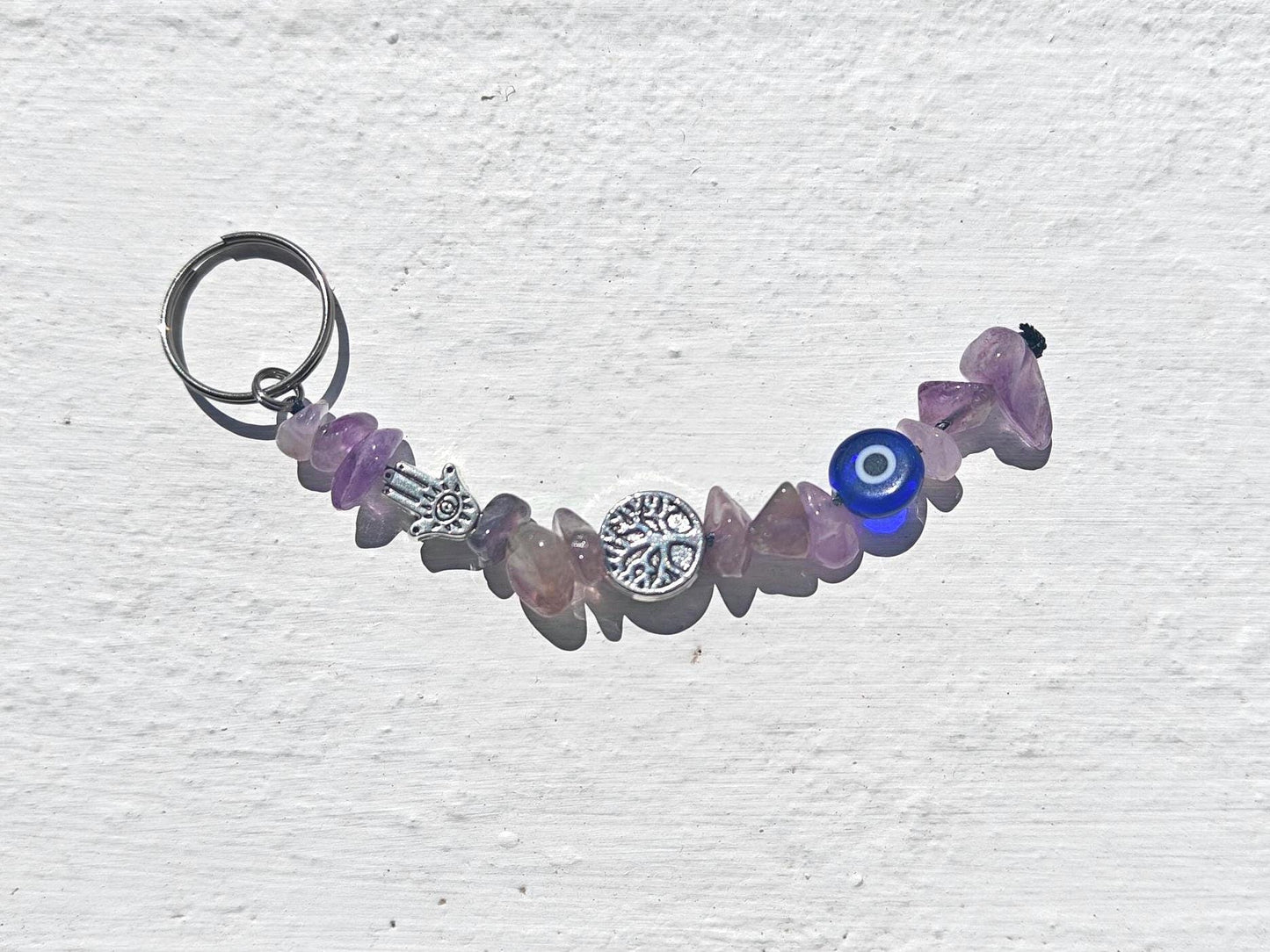 Amethyst Gemstone Keychain – Evil Eye, Hamsa Hand charms