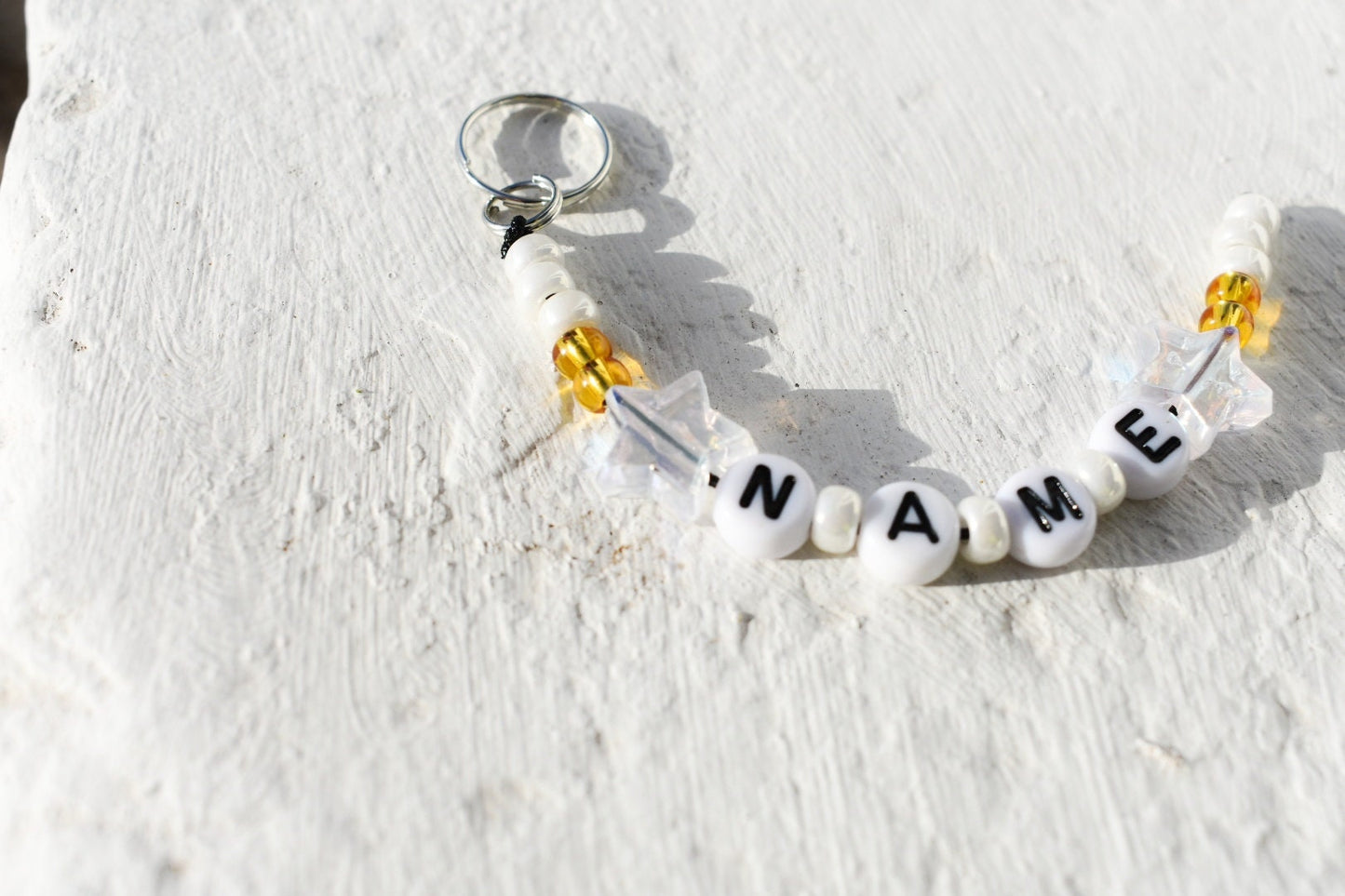 Gold and pearl bead star keychain with name personalisation