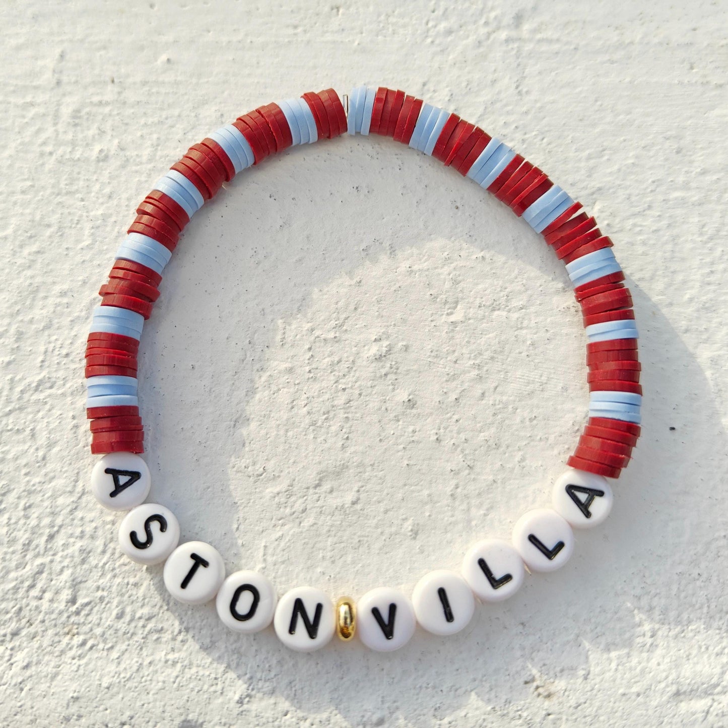 Aston Villa football team clay bead Bracelet in claret and blue with gold plated beads