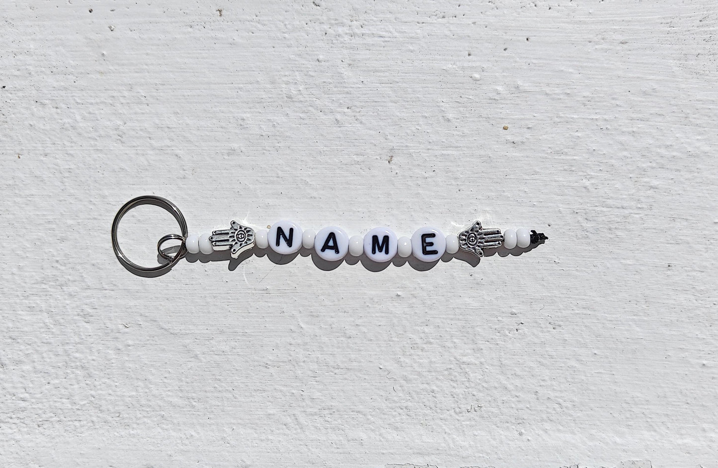 Custom Beaded Name Keychain | Personalized Keyring with boho Hamsa Hand Charm | Handmade Gift for Kids & Adults