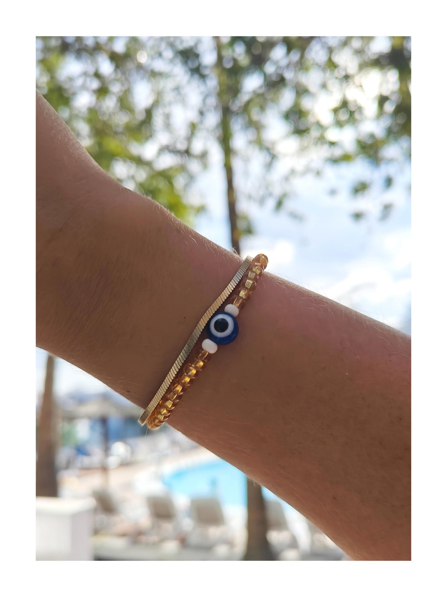 Seed Bead Evil Eye Bracelet – Gold Glass Beads with Blue Centre Charm | Evil Eye Protection | Boho Bracelet