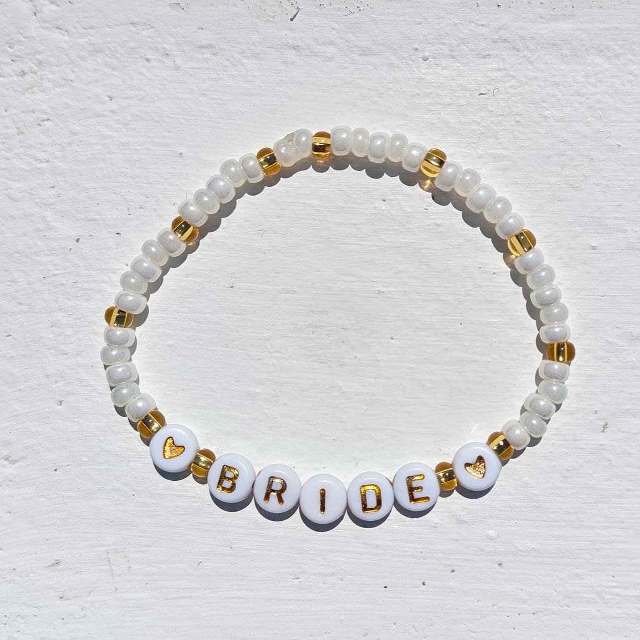 Bride Beaded Bracelet gold and pearl color beads – Bridal Shower Gift, Bachelorette Jewelry, Wedding Party Favor