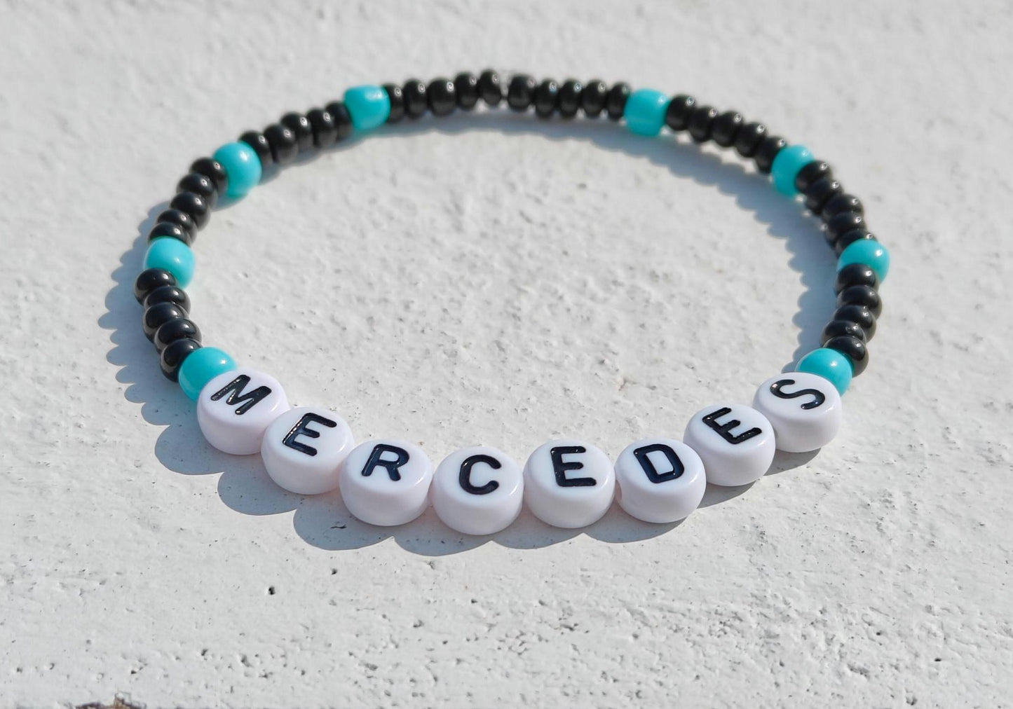 Mercedes F1 Beaded Bracelet – Black & Teal Stretch Forlula 1 Fan Jewelry – Handmade Racing Gift for Motorsport Lovers