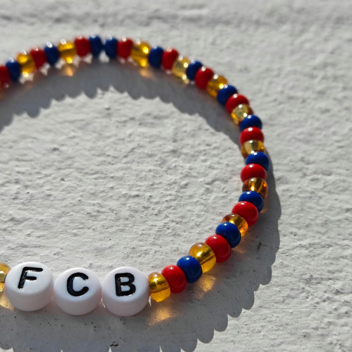 FCB Bracelet – Handmade Beaded Barçelona Soccer Fan Jewelry | Red, Blue & Gold Team Colors | Elastic Stretch Bracelet | Football Club Gift