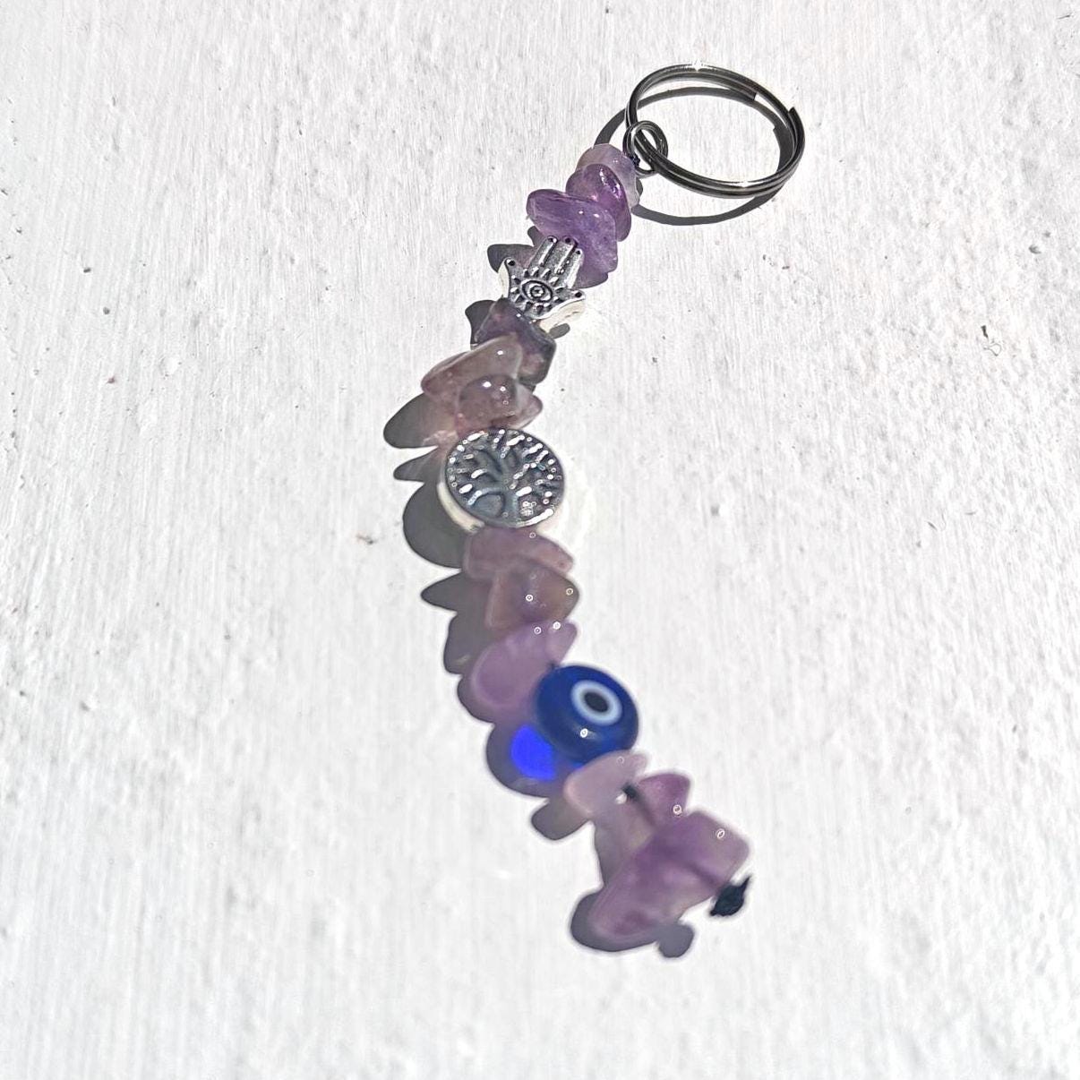 Amethyst Gemstone Keychain – Evil Eye, Hamsa Hand charms