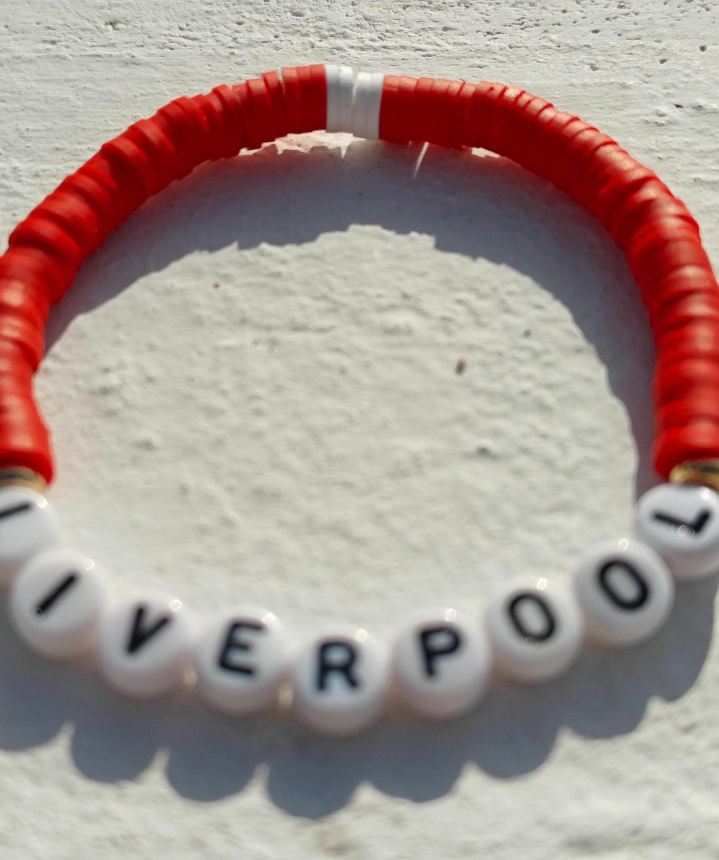 Liverpool football team clay bead bracelet in red and white with gold plated beads