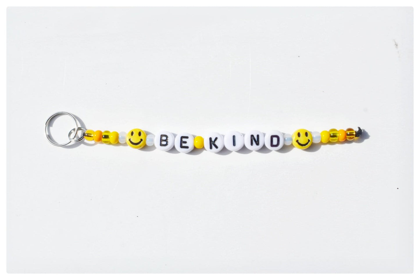 Be kind Keychain with Yellow Smiley Charms and Glass Seed Beads