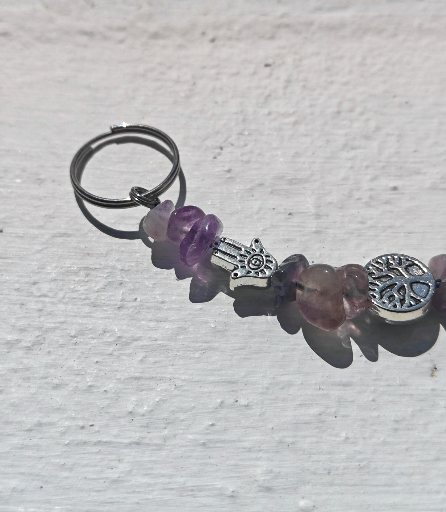 Amethyst Gemstone Keychain – Evil Eye, Hamsa Hand charms