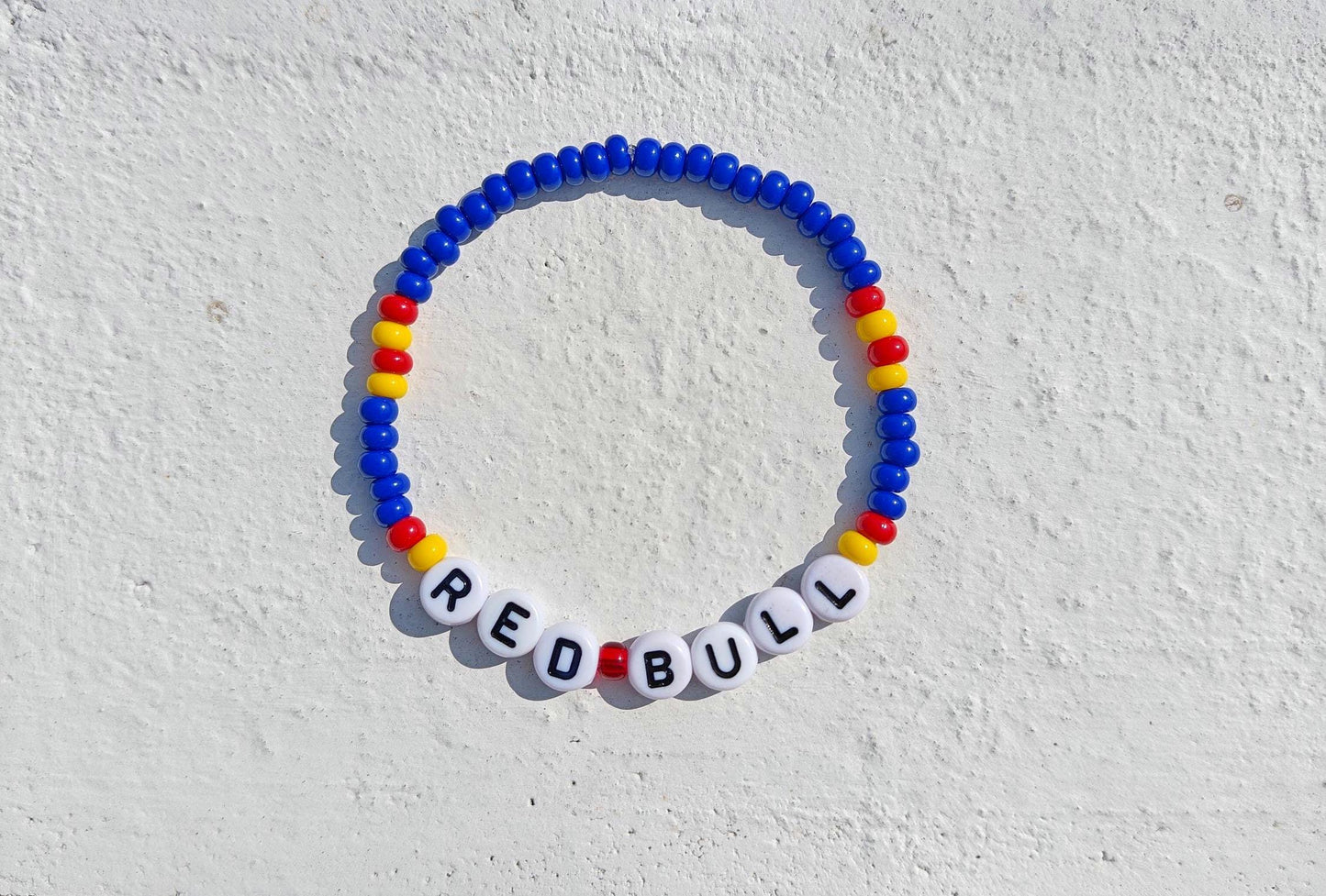 Red Bull Racing Beaded Bracelet – Red, Yellow & Blue Stretch F1 Fan Jewelry – Handmade Racing Gift for Motorsport Lovers