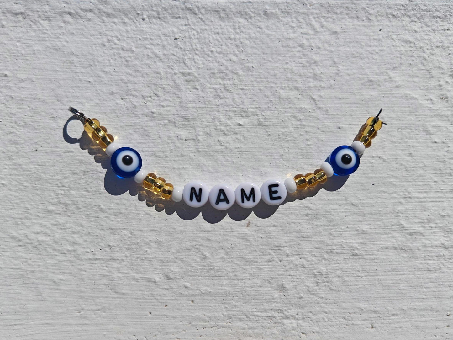Custom Gift Evil Eye Keychain in Gold and White Seed Beads with Name Personalisation