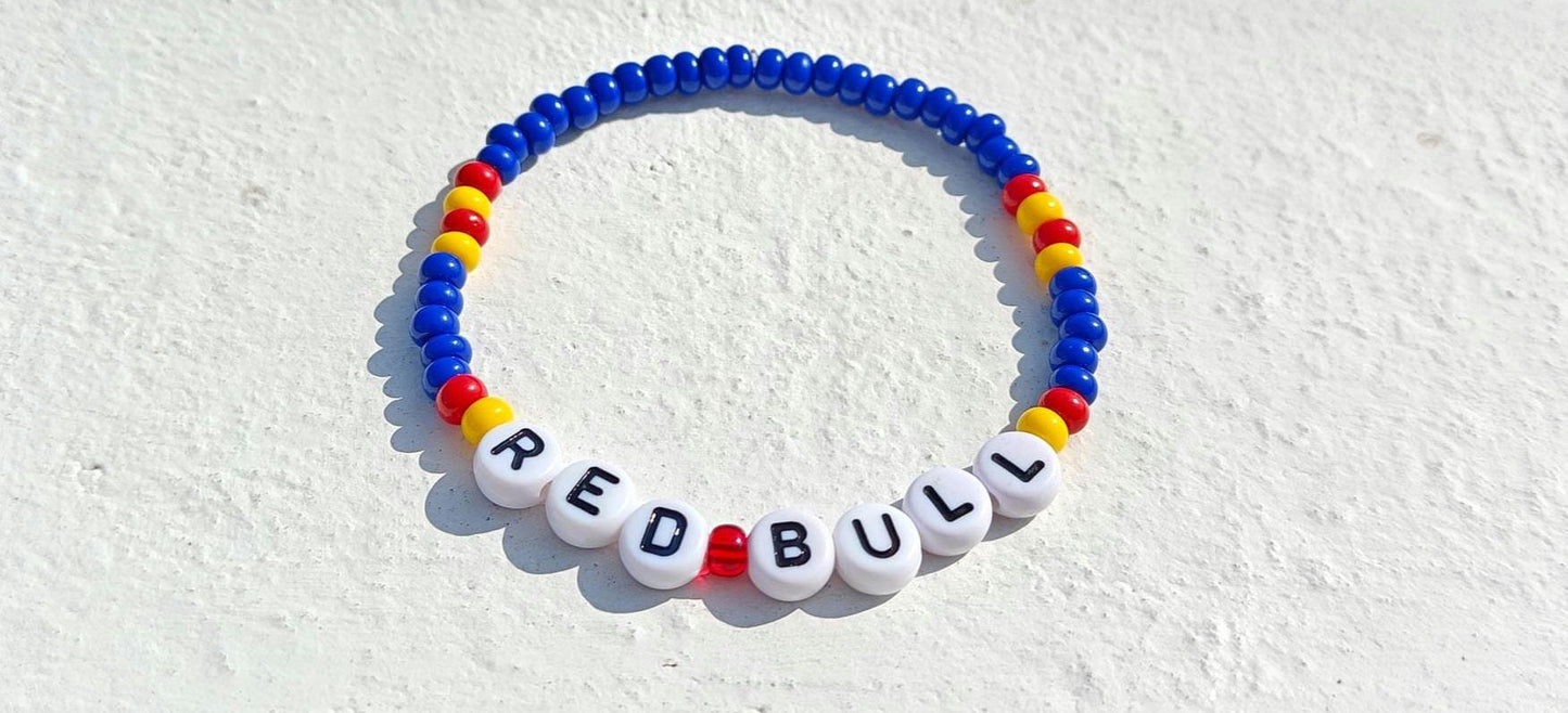 Red Bull Racing Beaded Bracelet – Red, Yellow & Blue Stretch F1 Fan Jewelry – Handmade Racing Gift for Motorsport Lovers