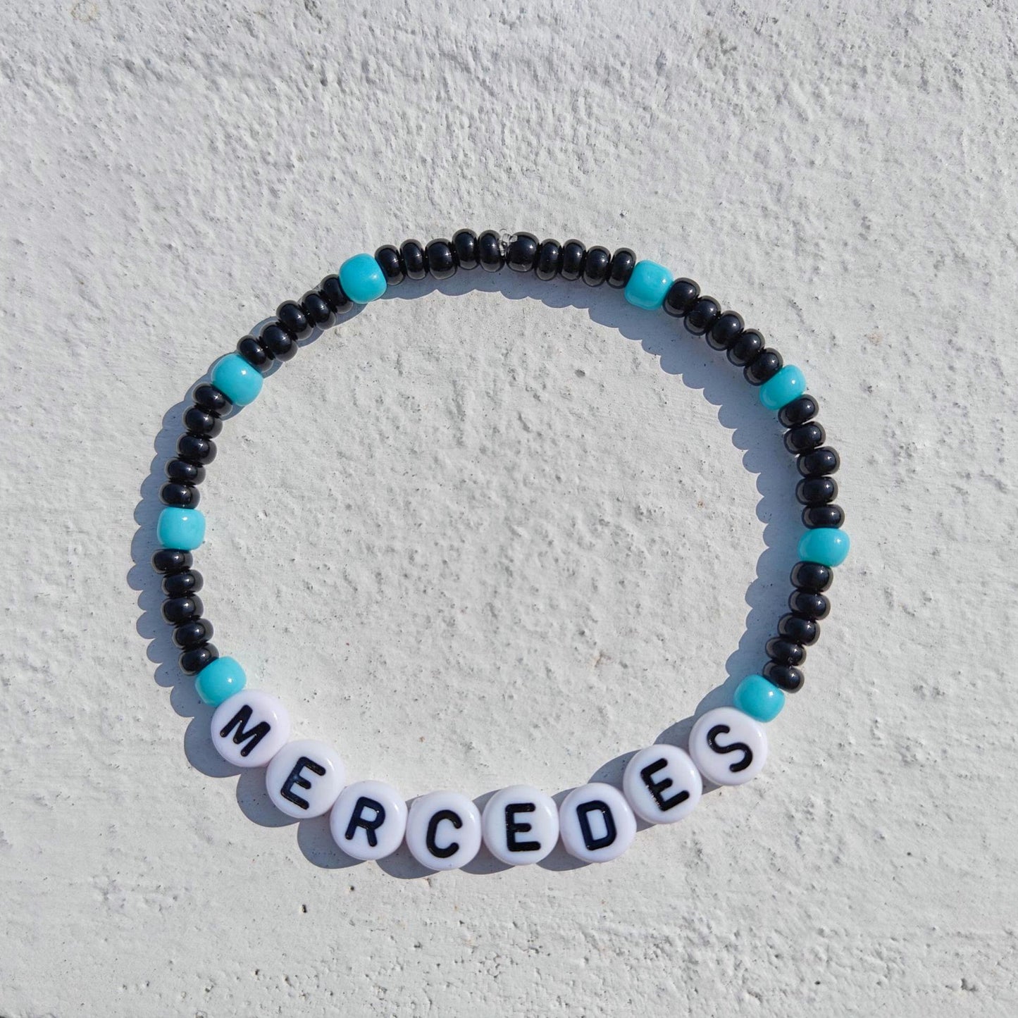 Mercedes F1 Beaded Bracelet – Black & Teal Stretch Forlula 1 Fan Jewelry – Handmade Racing Gift for Motorsport Lovers