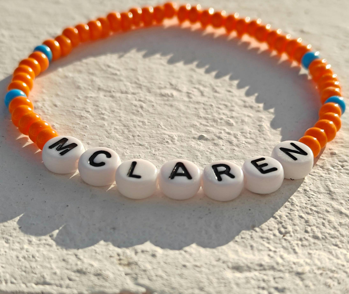 McLaren Beaded Bracelet โ Orange & Blue Stretch F1 Fan Jewelry โ Handmade Racing Gift for Motorsport Lovers