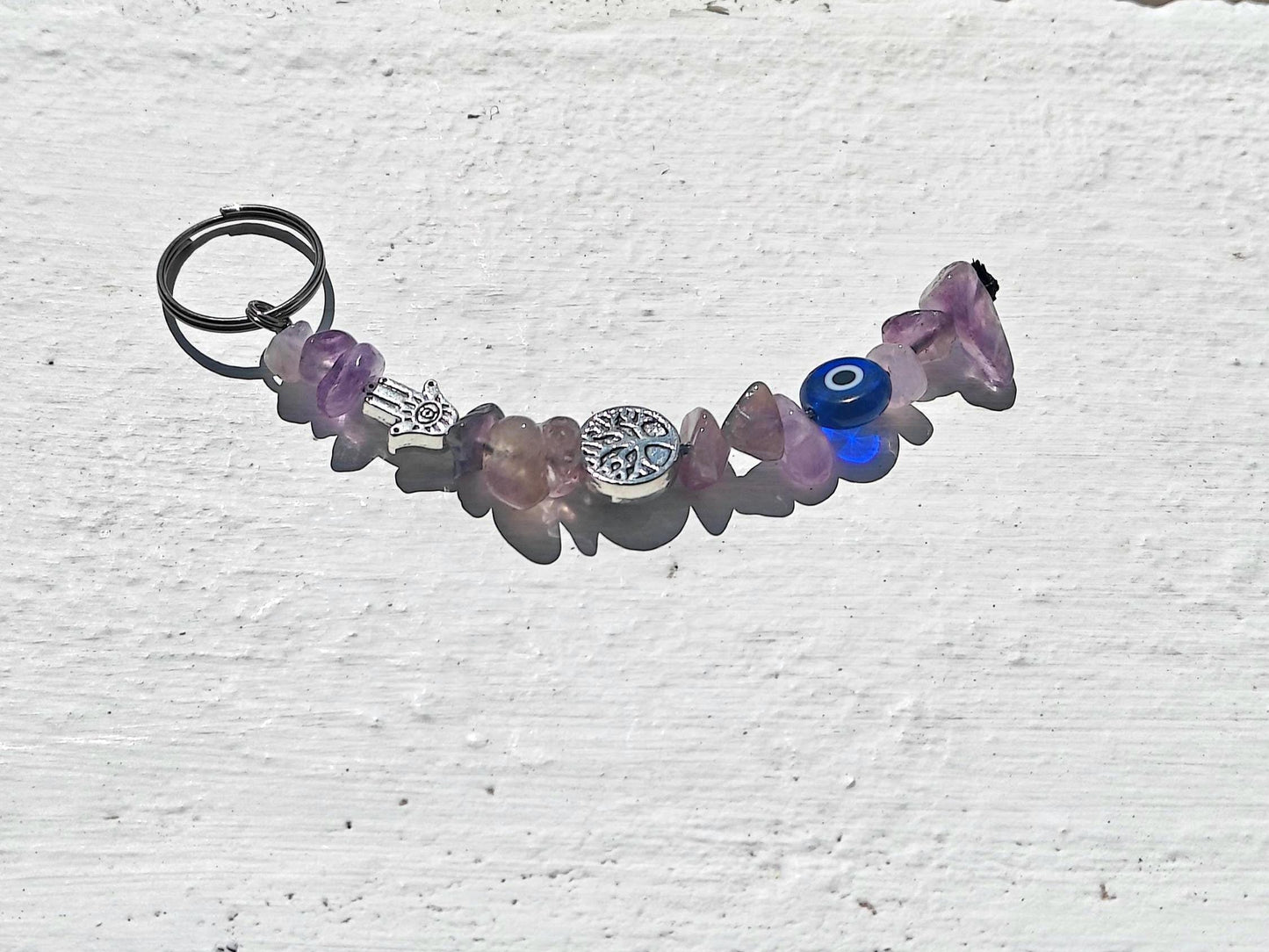 Amethyst Gemstone Keychain – Evil Eye, Hamsa Hand charms