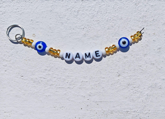 Custom Gift Evil Eye Keychain in Gold and White Seed Beads with Name Personalisation