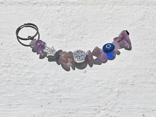 Amethyst Gemstone Keychain – Evil Eye, Hamsa Hand charms