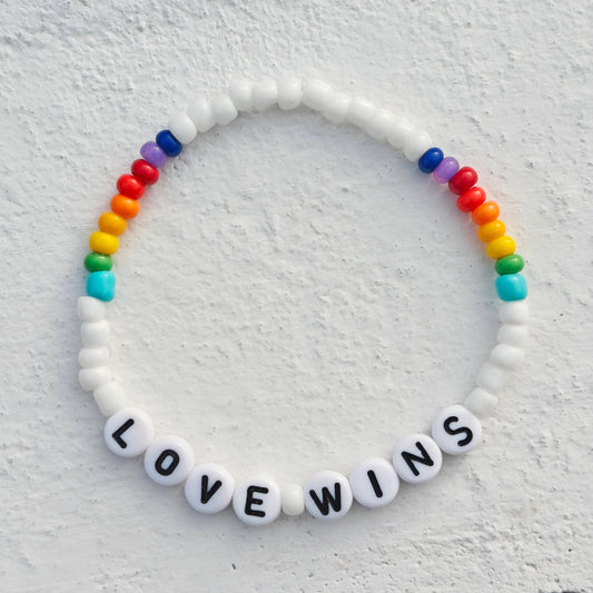 Love Wins Rainbow Pride Beaded Bracelet - White Glass Beads - Stretch Bracelet - LGBTQ+ Gift - Handmade Jewellery
