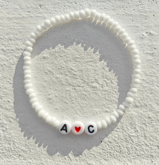 Cute love heart and initial white bead bracelet