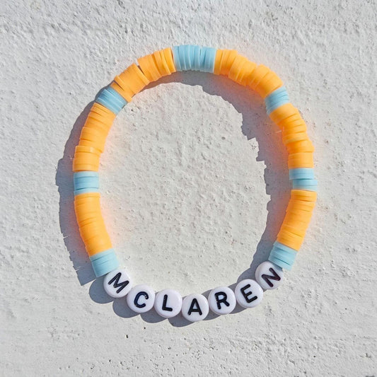 McLaren Beaded Bracelet – Orange & Blue Stretch F1 Fan Jewelry with Heishi Beads– Handmade Racing Gift for Formula 1 Supporters