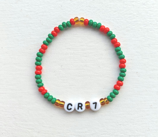 Cristiano Ronaldo Portugal CR 7 bead bracelet on elastic string in red, green and gold