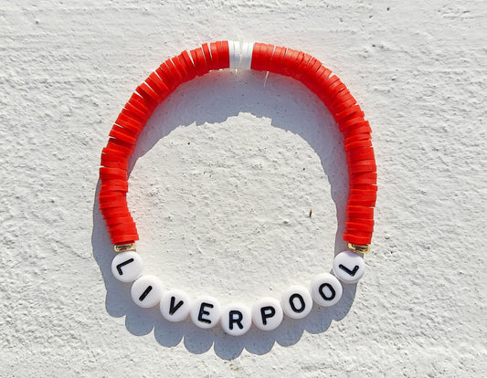 Liverpool football team clay bead bracelet in red and white with gold plated beads