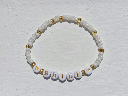 Bride Beaded Bracelet gold and pearl color beads – Bridal Shower Gift, Bachelorette Jewelry, Wedding Party Favor